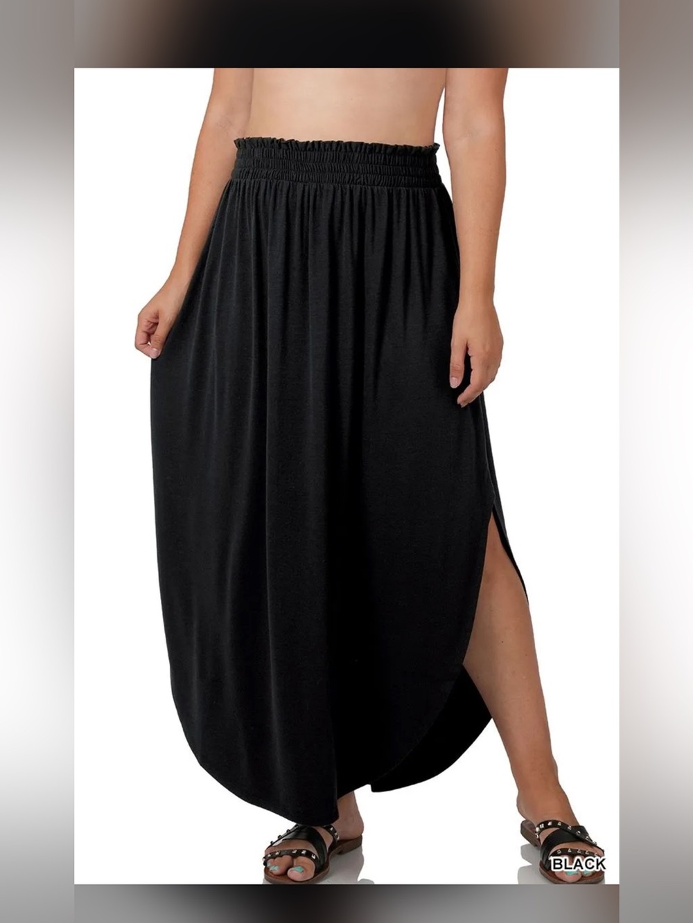 Zenana Outfitters Black Smocked-Waist Maxi Skirt Jersey Material with Side Slit